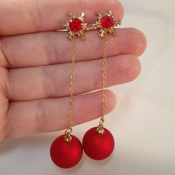Gold Snowflake Red Zircon Tassel Red Ball Dangle Earrings New Holiday Festive - Picture 2 of 4